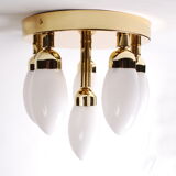sputnik flush mount, atomic brass ceiling fixture with six opaline cone shaped globes, 1970's