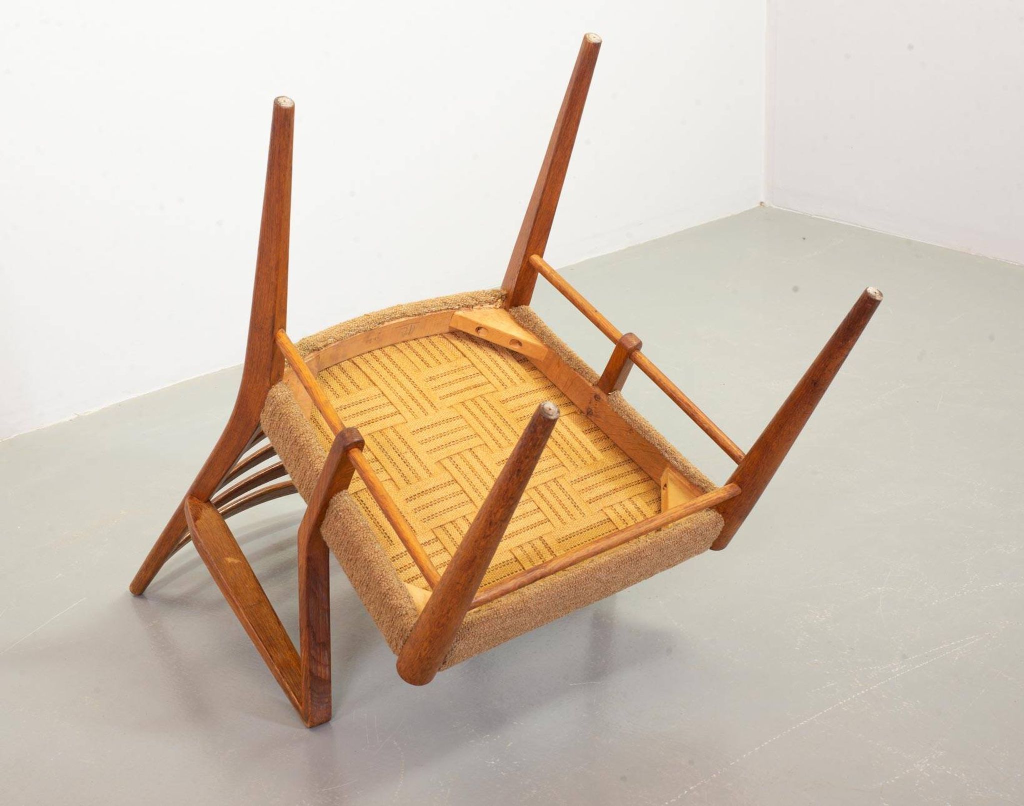 Cees Braakman Dutch Design Wooden Ladder Arm Chairs & Caramel Bouclé Fabric