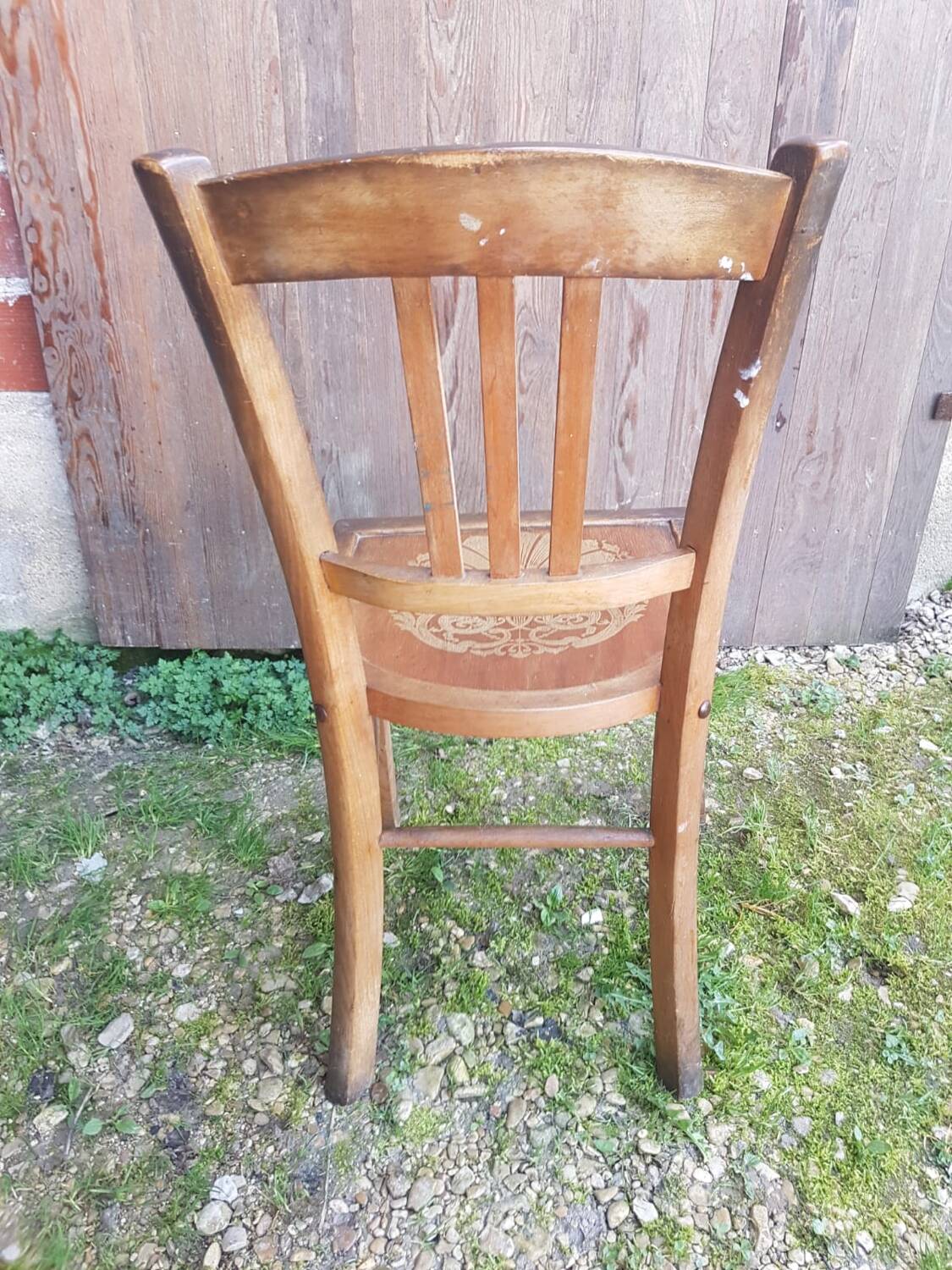 Old wooden bistro chair seat vintage relief drawing