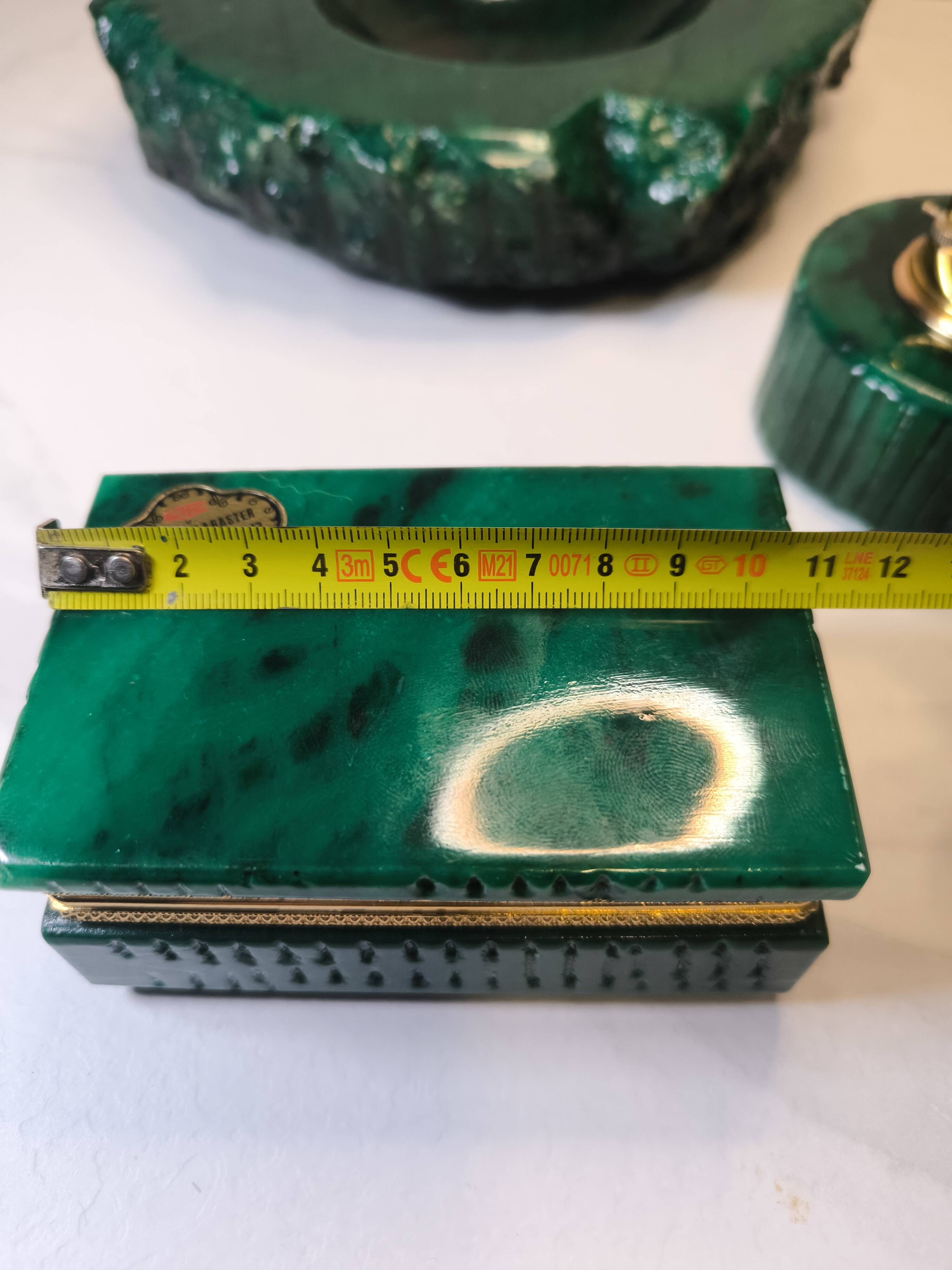Vintage 70's Desk Set in Green Alabaster Malachite - 3 Pieces - Ita