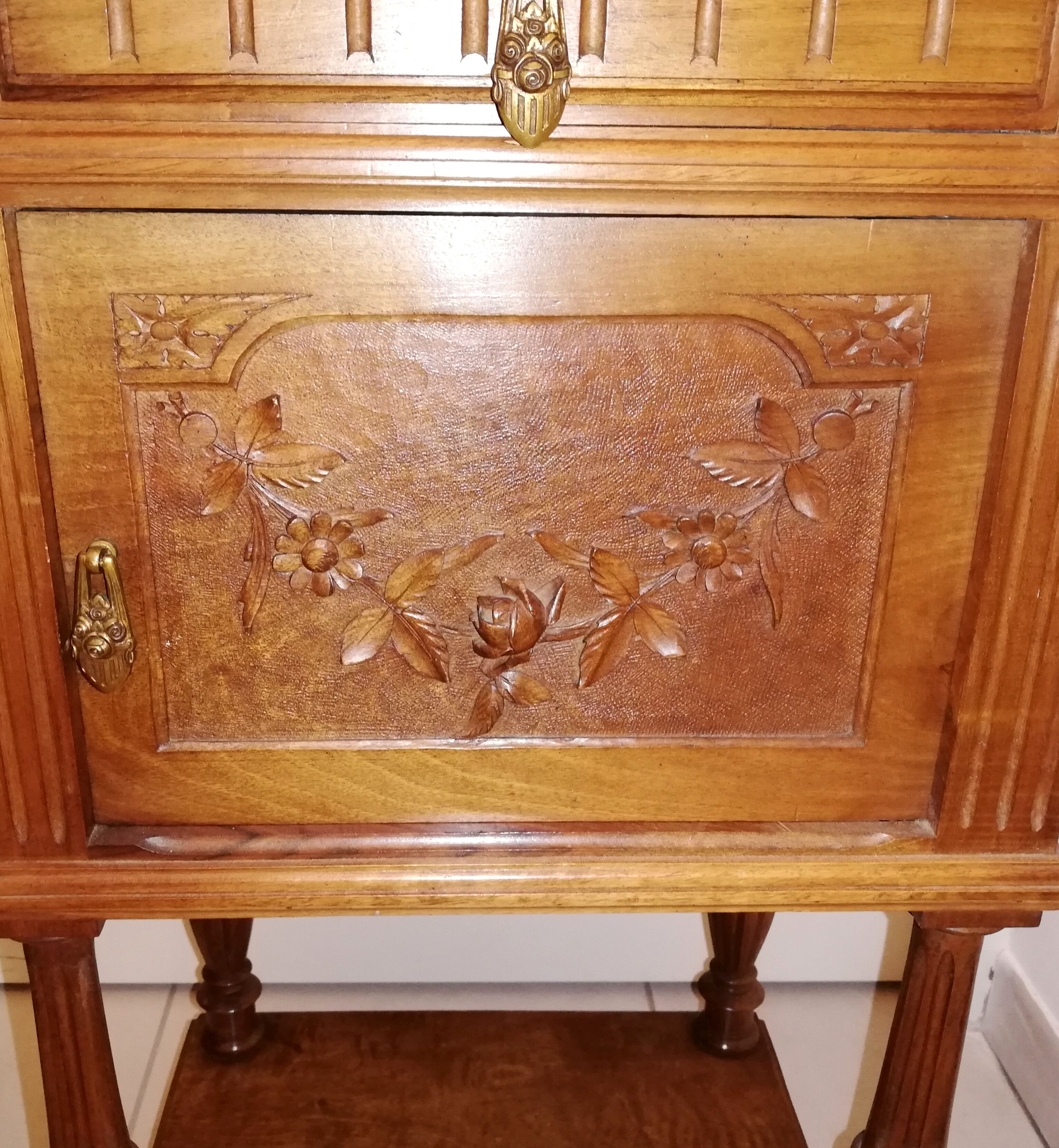 Louis XVI style bedside with marble top and carved door