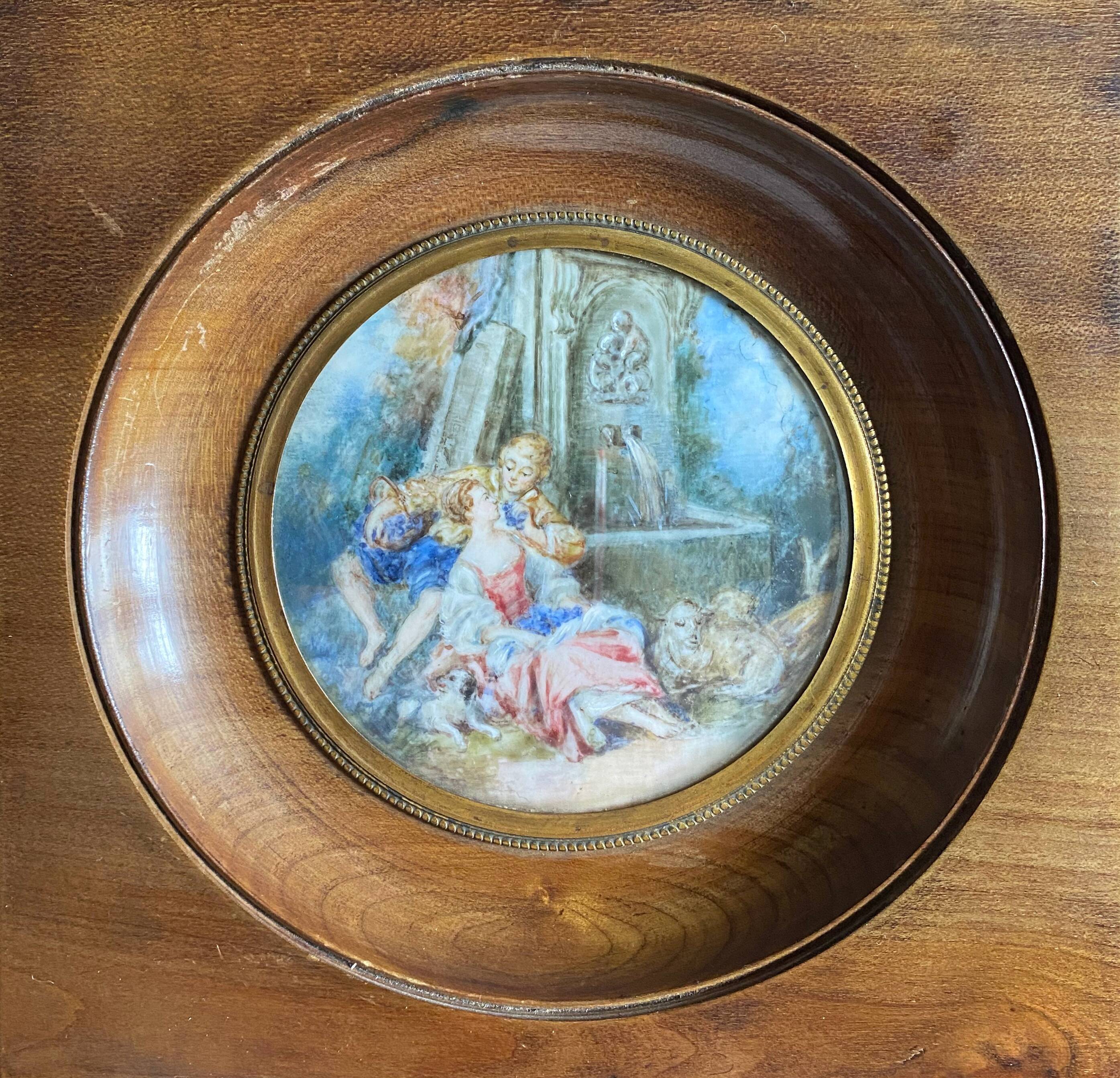 Old Miniature Painting "The Singer" romantic scene + frame