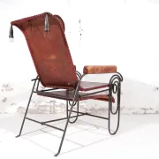 French art deco lounge chair in wrought iron and leather with footrest