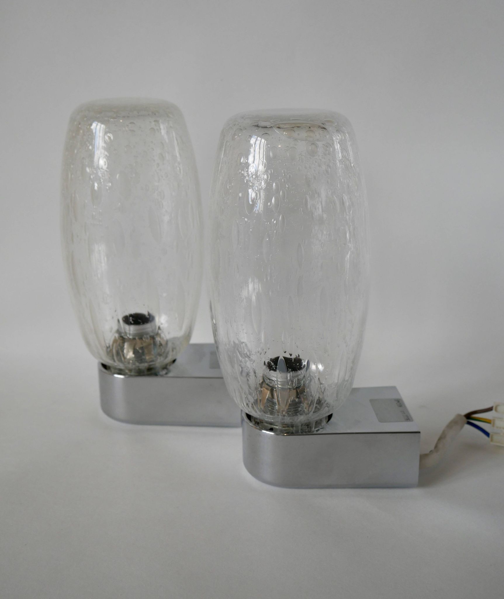 Pair of designer wall lights in blown glass and chrome by inda circa 1960-1970