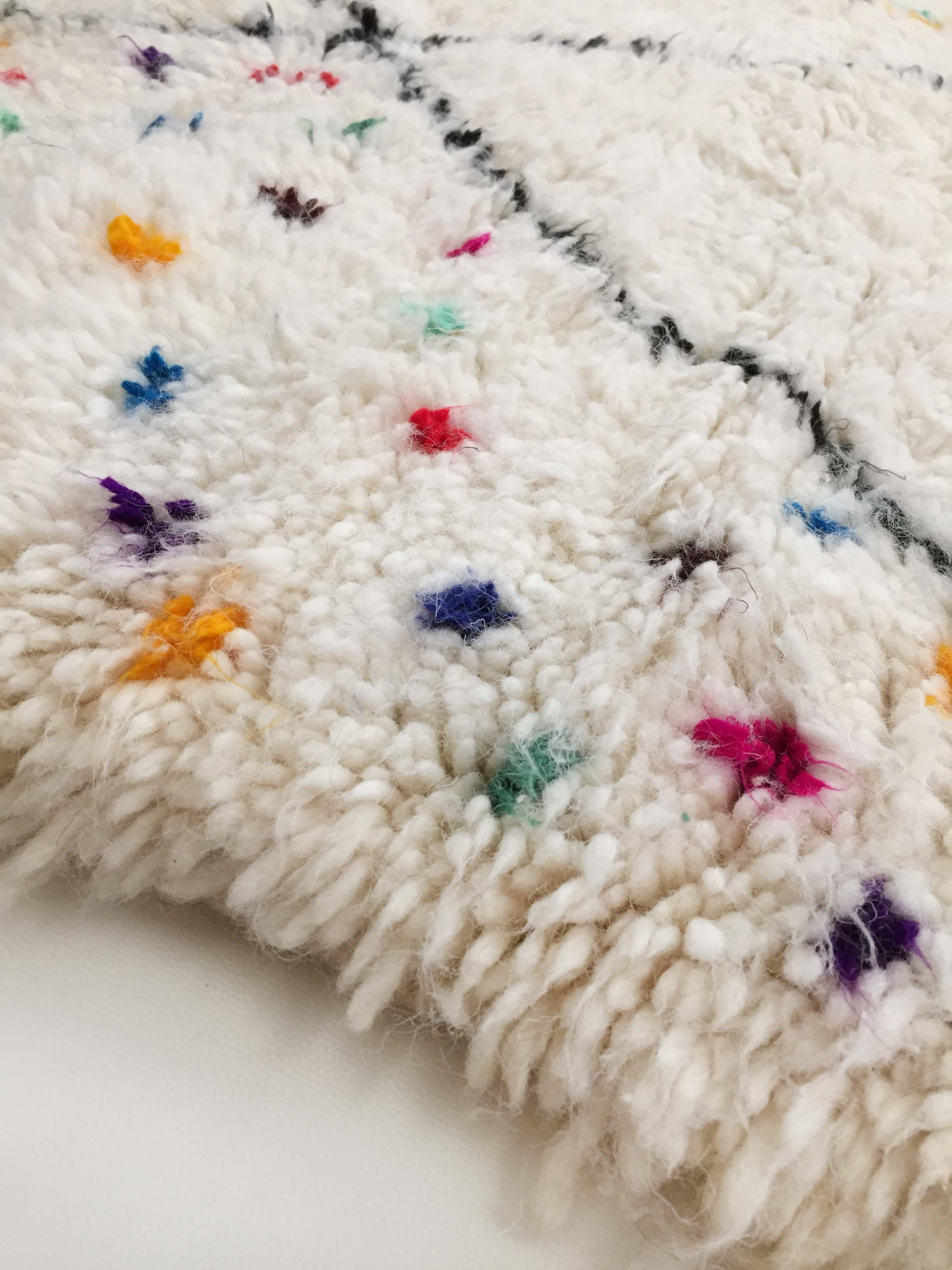 Moroccan Berber carpet azilal ecru with diamonds and colorful patterns 300x188cm