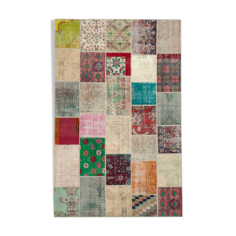 Hand-knotted turkish vintage 198 cm x 305 cm multicolor patchwork carpet