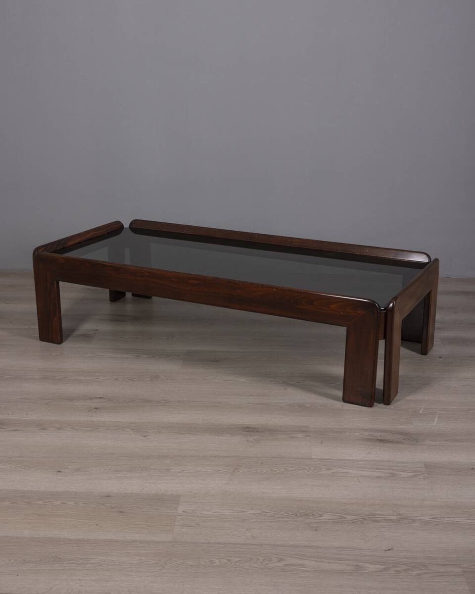 VINTAGE 1970S COFFEE TABLE IN WOOD AND GLASS DESIGNED AFRA E TOBIA SCARPA