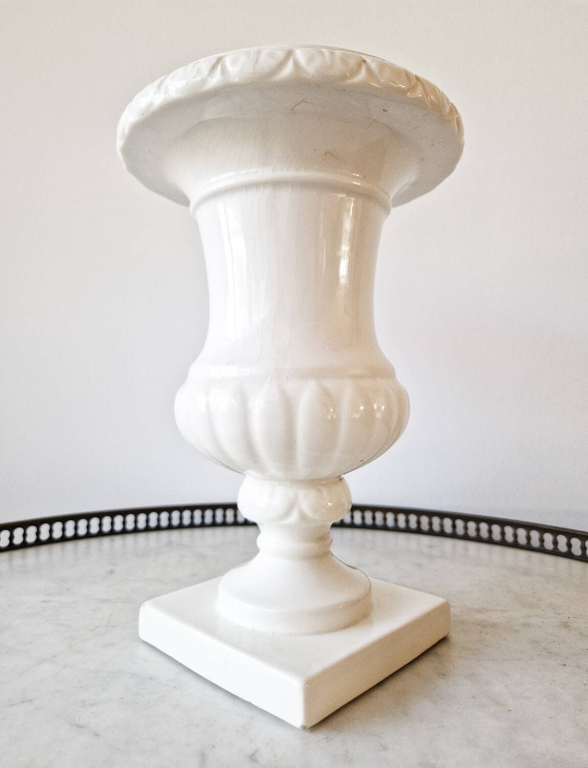 Large vintage white earthenware Medici vase