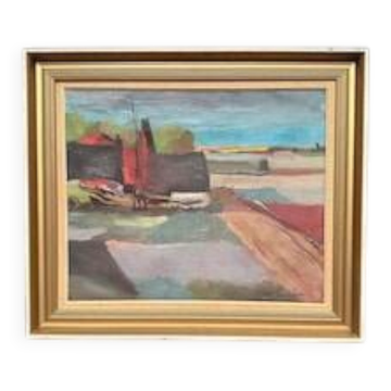 Original Swedish Oil on Canvas – “Cubist Landscape” by Kai Christensen – Signed – Vintage & Framed