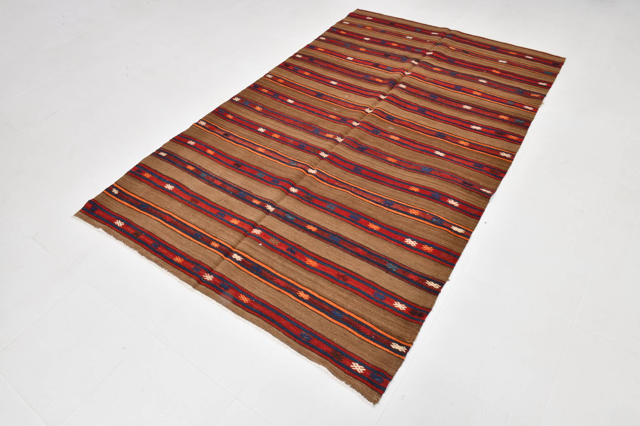 Turkish Striped Red Brown Vintage Kilim Rug, 154x246Cm