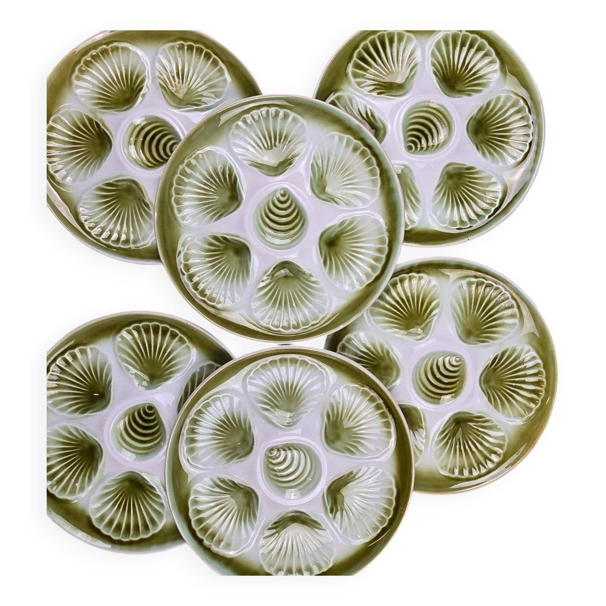 Set of 6 Moulin des Loups oyster plates – vintage green earthenware