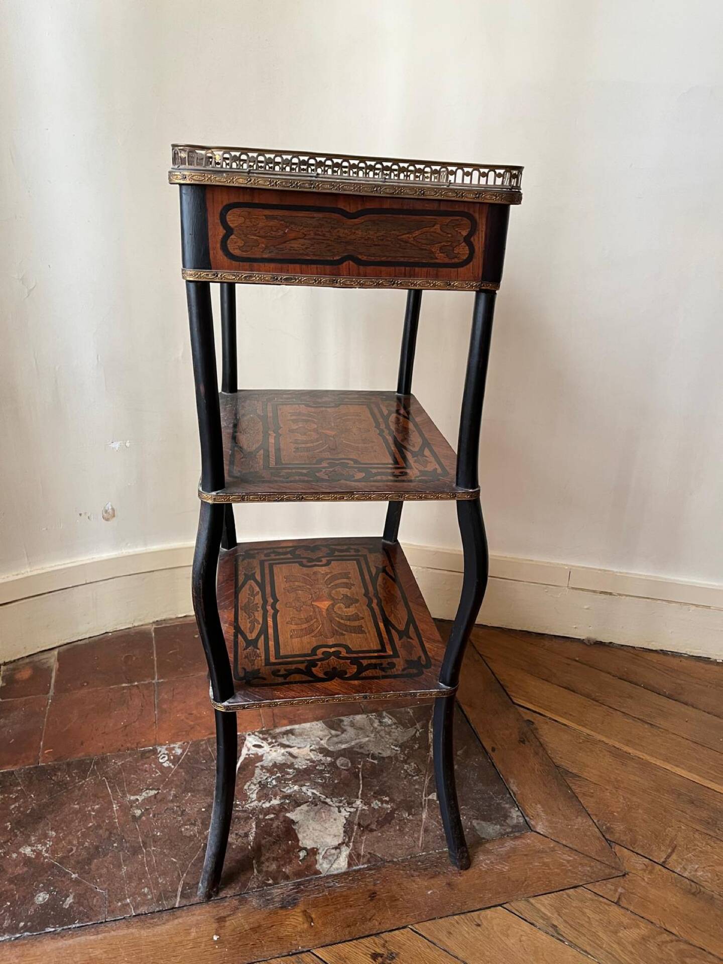 Napoleon III marquetry tiered table — rosewood, brass gallery,