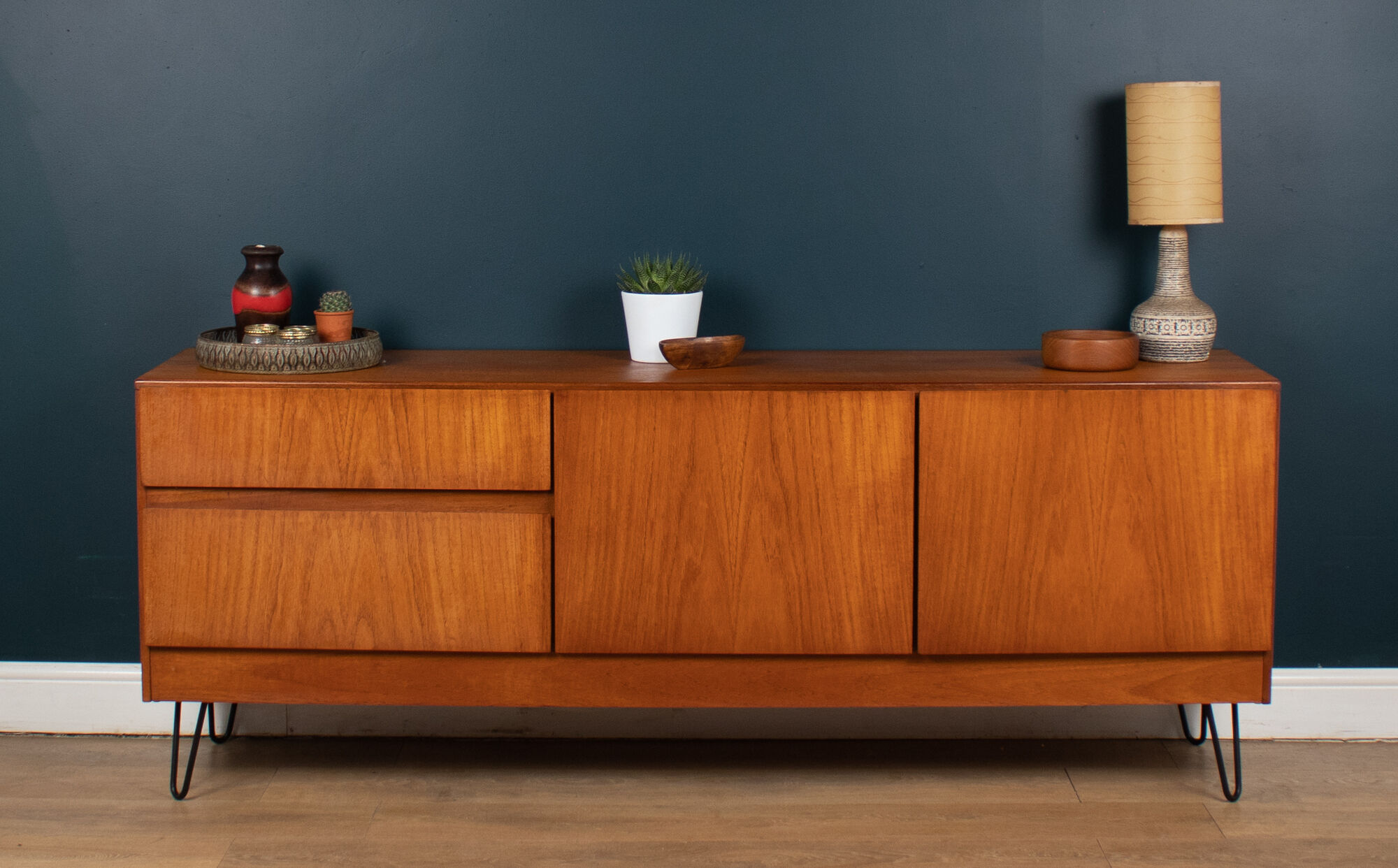 Retro Teak 1960s White & Newton Style S Form Sideboard Cabinet On Hairpin Legs