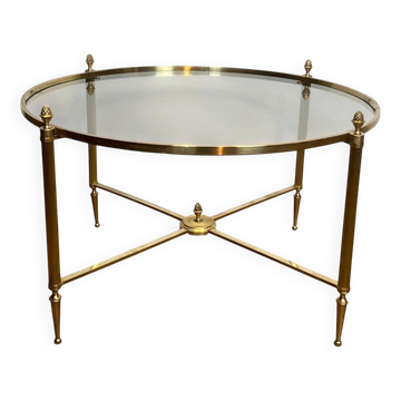 Neoclassical Round Coffee Table in Brass with Fluted Supports and Floral Motifs