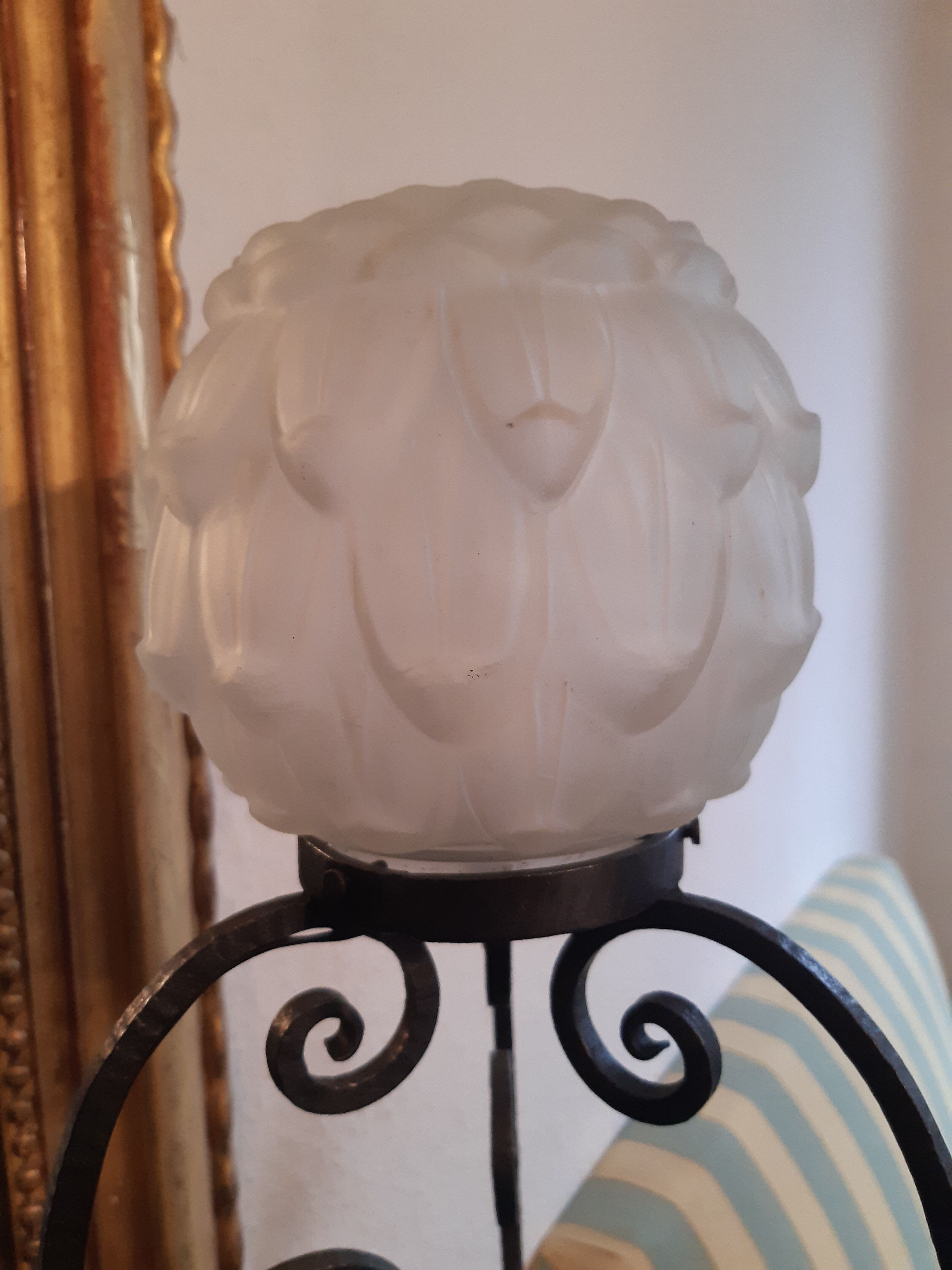 Art Deco period lamp wrought iron and pressed molded glass globe
