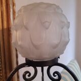 Art Deco period lamp wrought iron and pressed molded glass globe