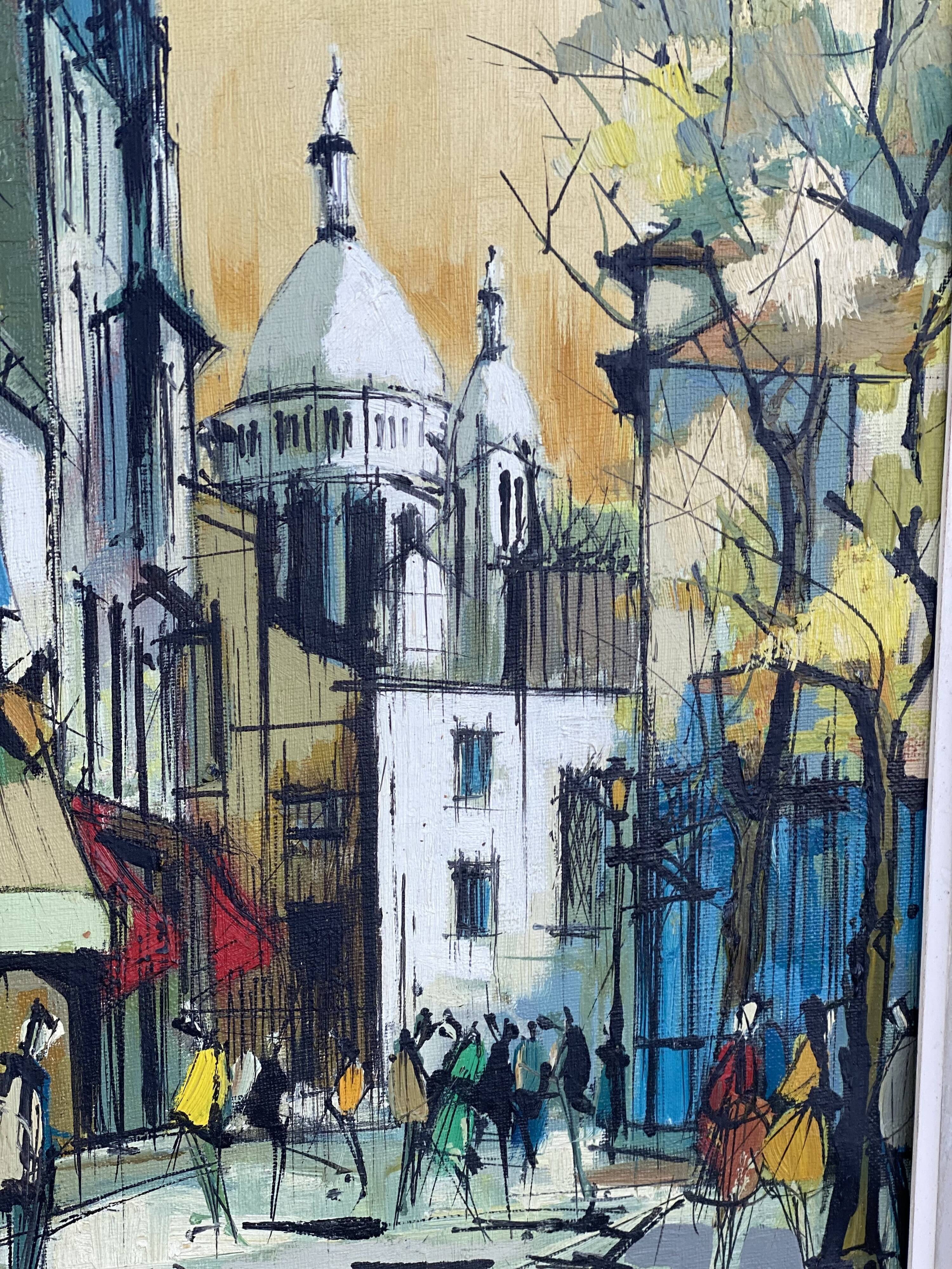 Painting by Fabien CLAUDE, lively Paris street in Montmartre, vintage 1960