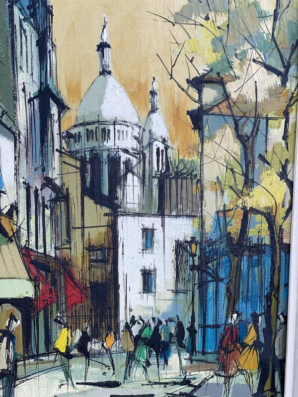 Tableau de Fabien CLAUDE, rue de Paris animée à Montmartre vintage 1960
