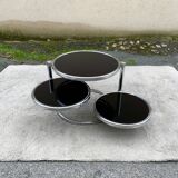 Articulated coffee table with 3 shelves, black glass and chrome, 1980