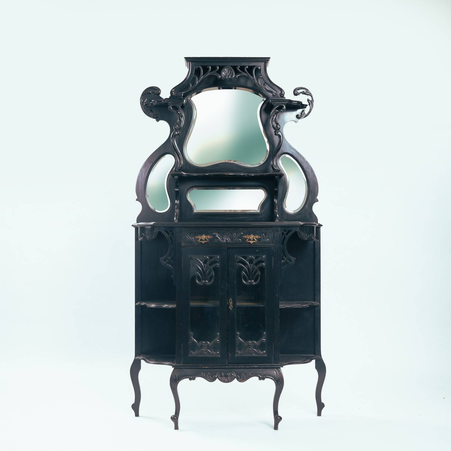 Arts crafts parlour glass display cabinet black ebonised chippendale england