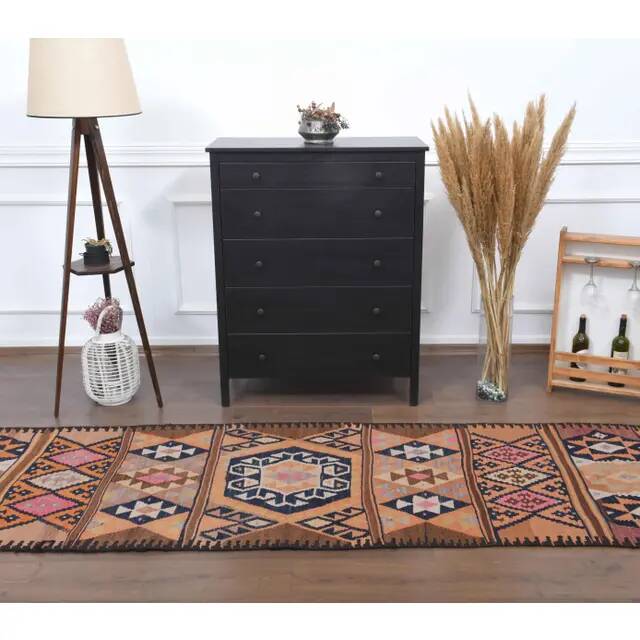 1970s Vintage Turkish Hand-Knotted Wool Cotton Brown Runner Rug 91x355