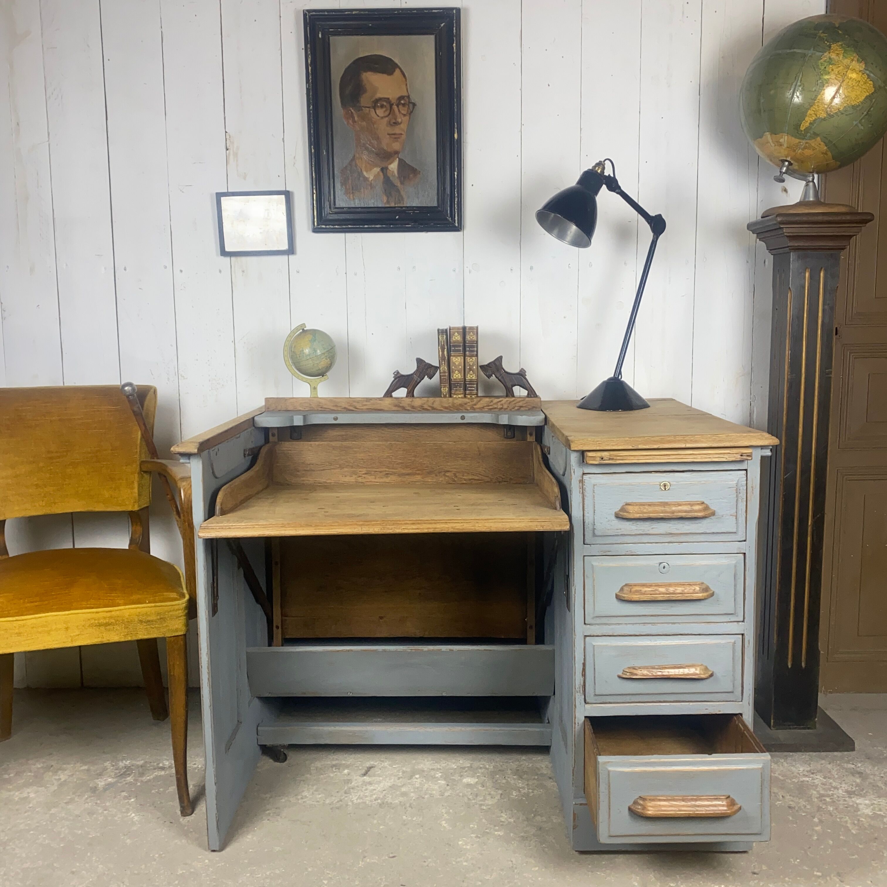 Bureau escamotable chêne patine