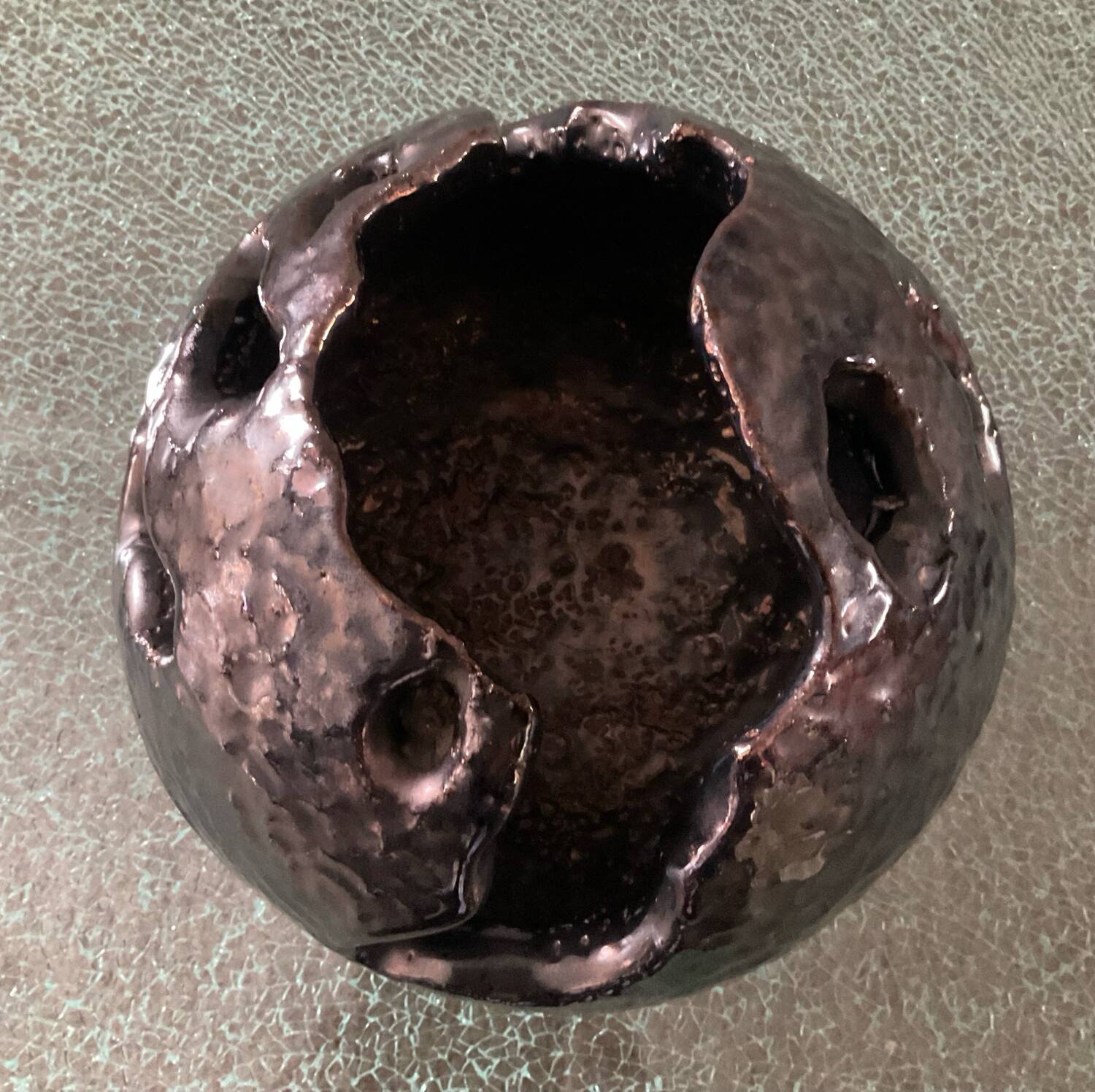 Large brutalist spherical vase in iridescent glazed terracotta