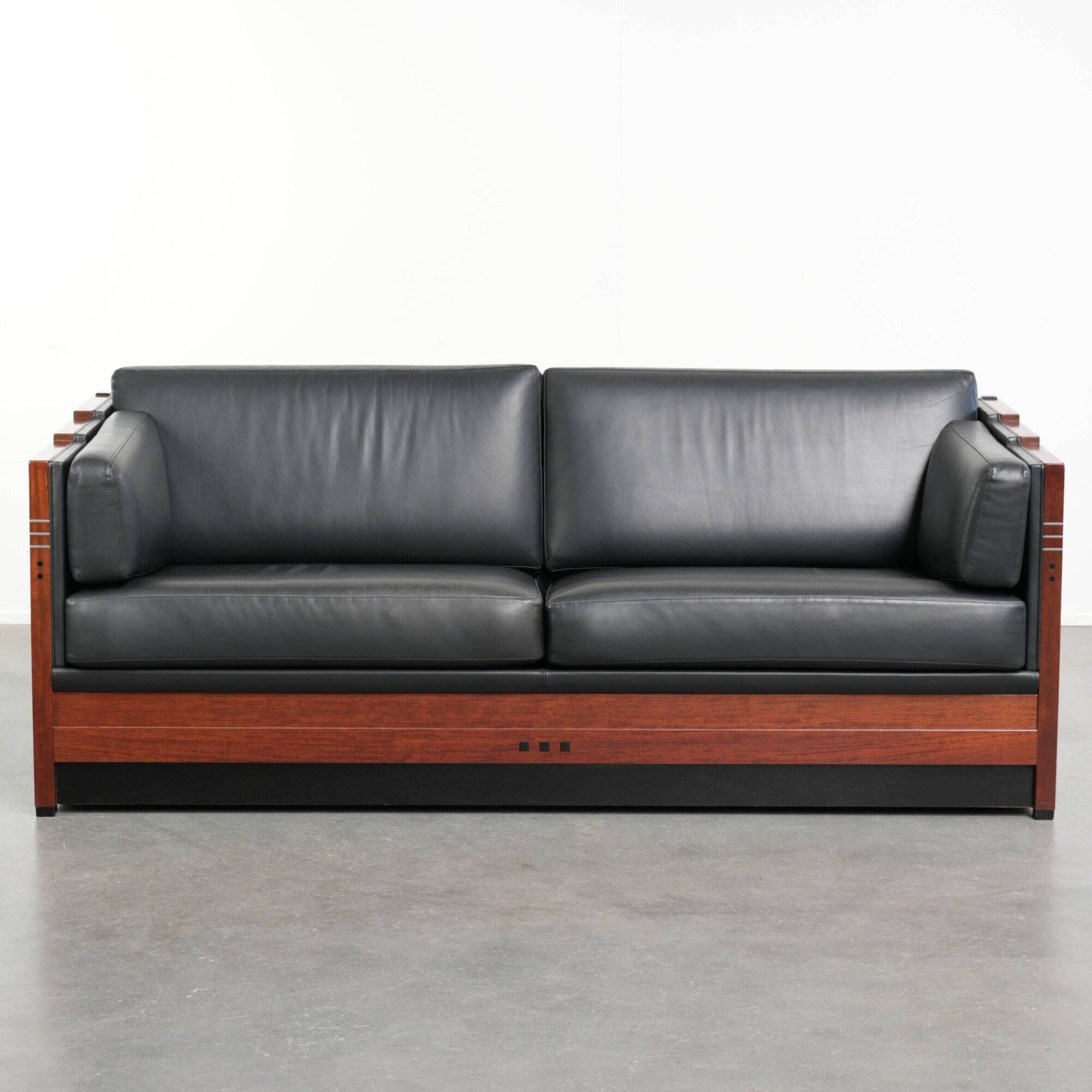 Timeless 3-seater Art Deco design sofa  upholstered in black cowhide leather