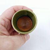 Set of 4 egg cups, salt shakers, pepper shakers and vintage wood and ceramic timer