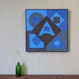 Mid-Century Modern Swedish "Geometric Blue", Vintage Abstract Oil Painting, Framed