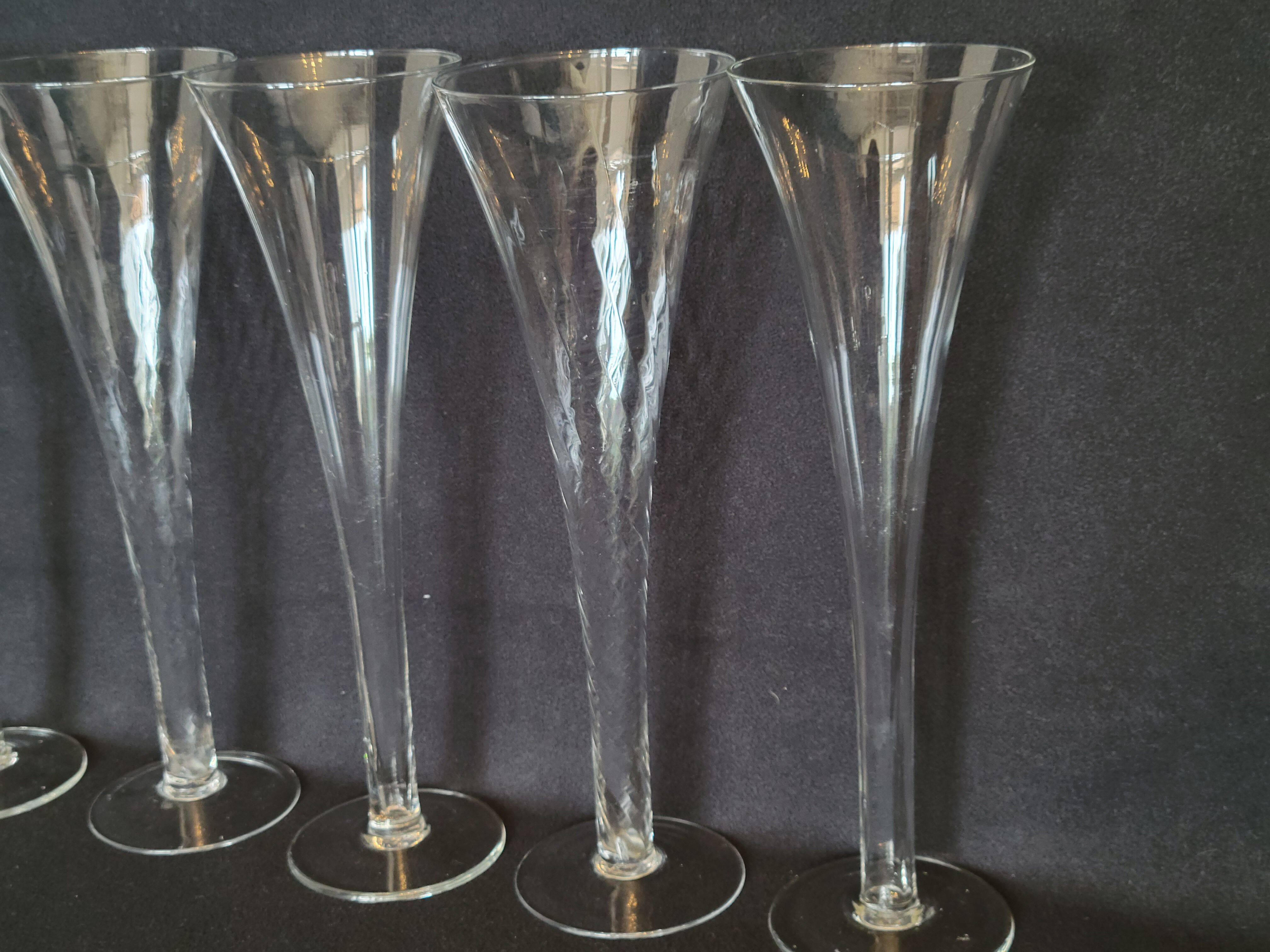 8 old champagne flutes evased blown glass model impossible