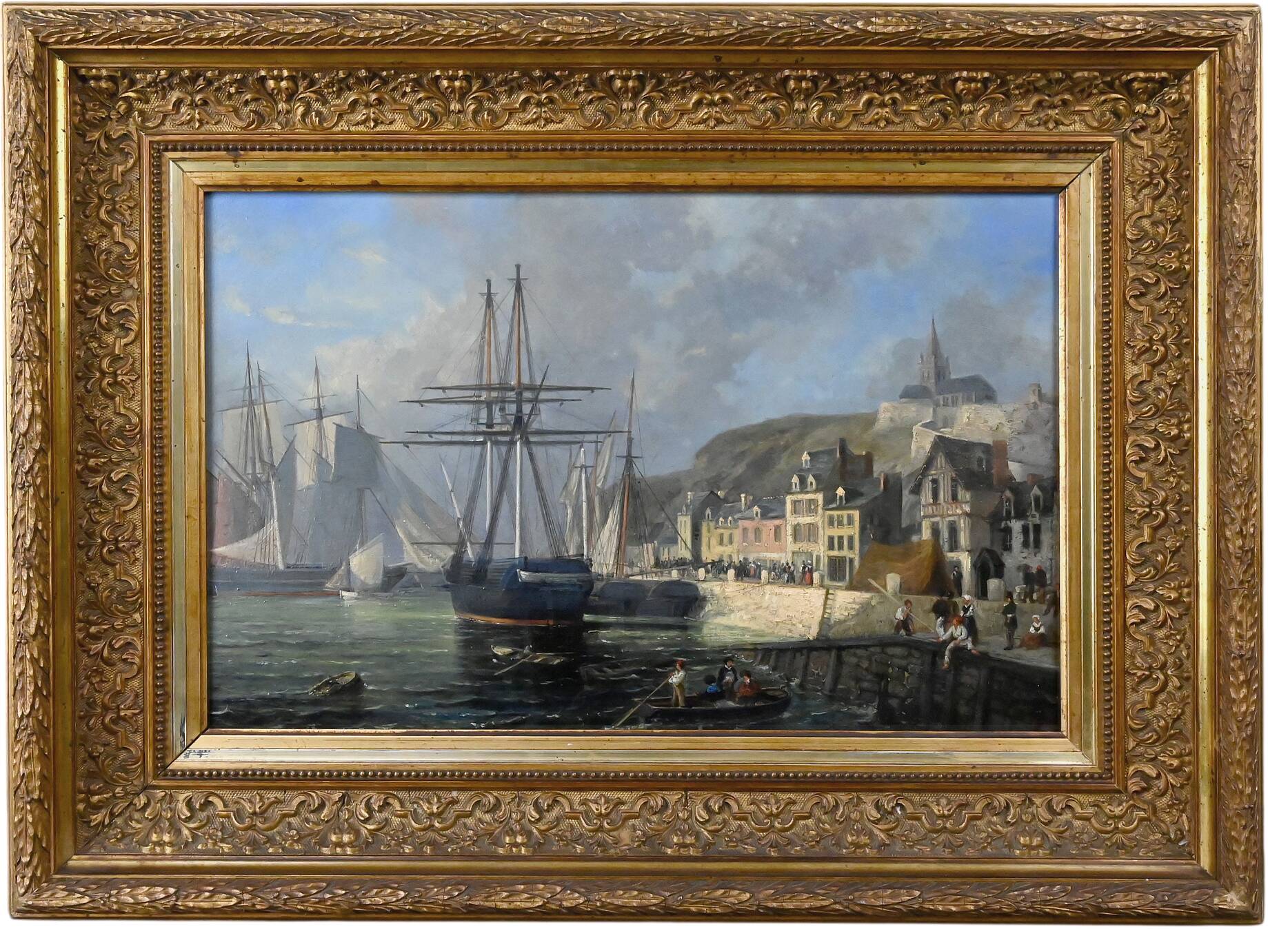 Tableau "Quay in Light", oil on panel, signed Jules d'Évry – Mid 19th century