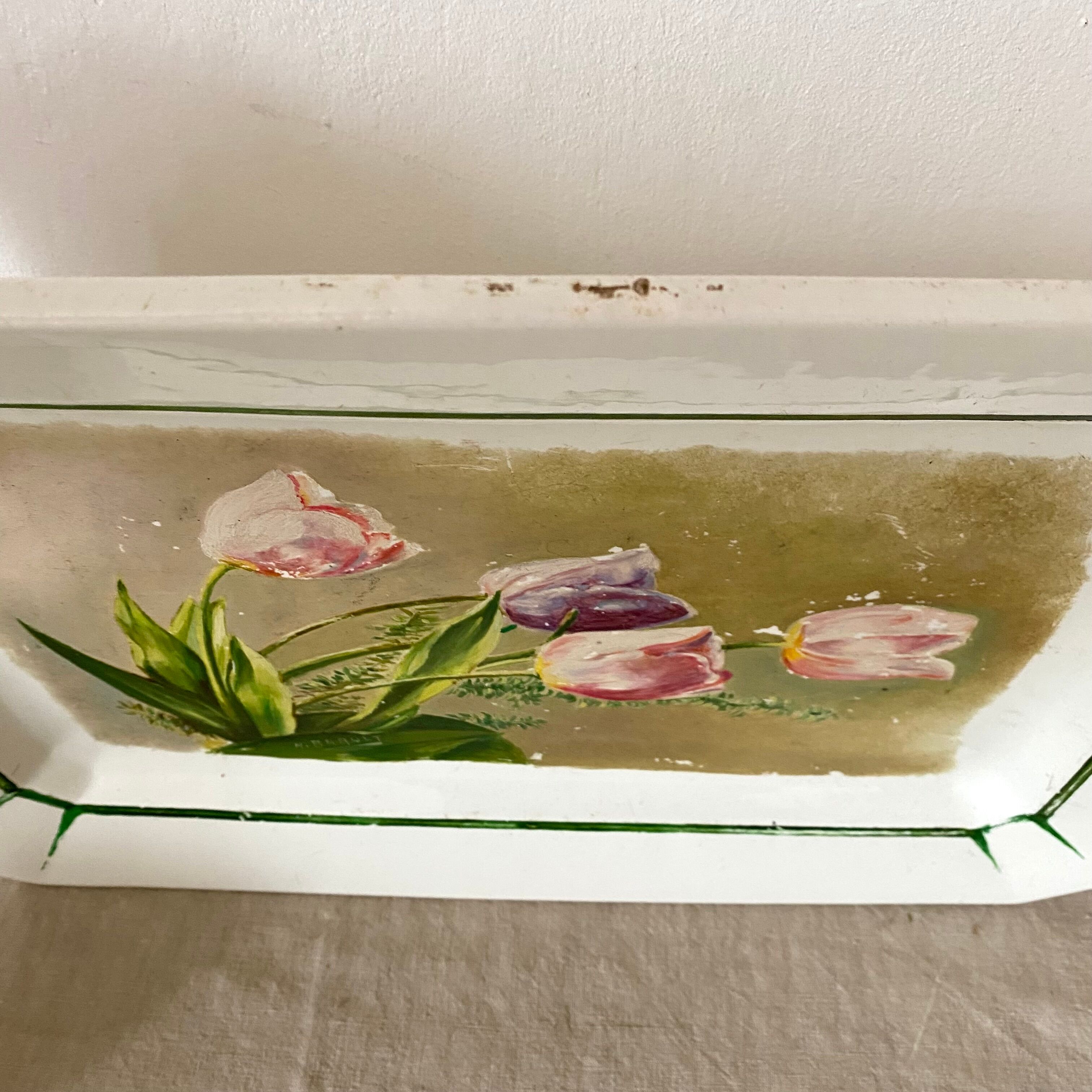 Antique decorative dish with painted flowers, signed
