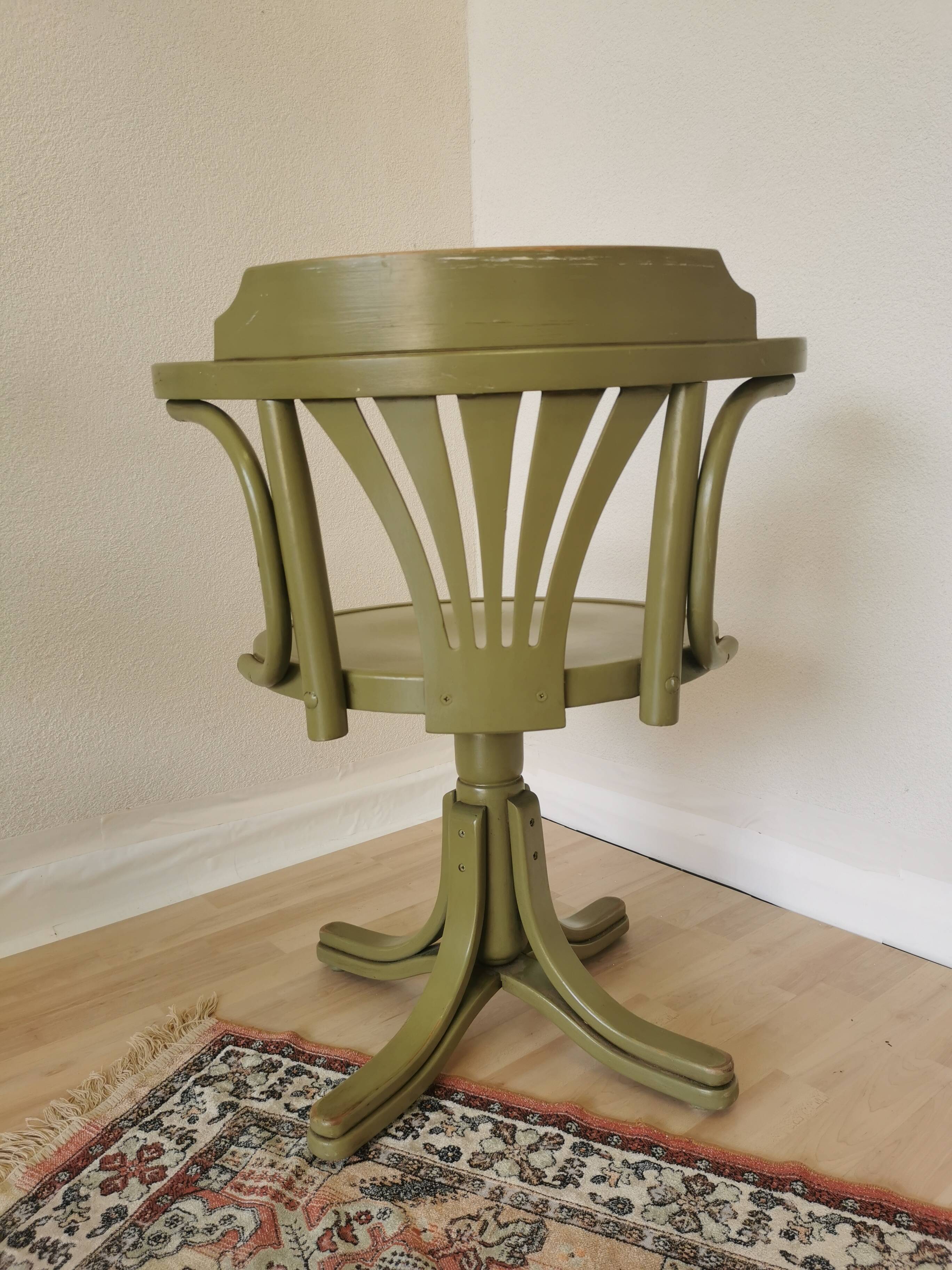 Vintage Thonet Style Bentwood Swivel Chair - Olive Green Retro Armchair