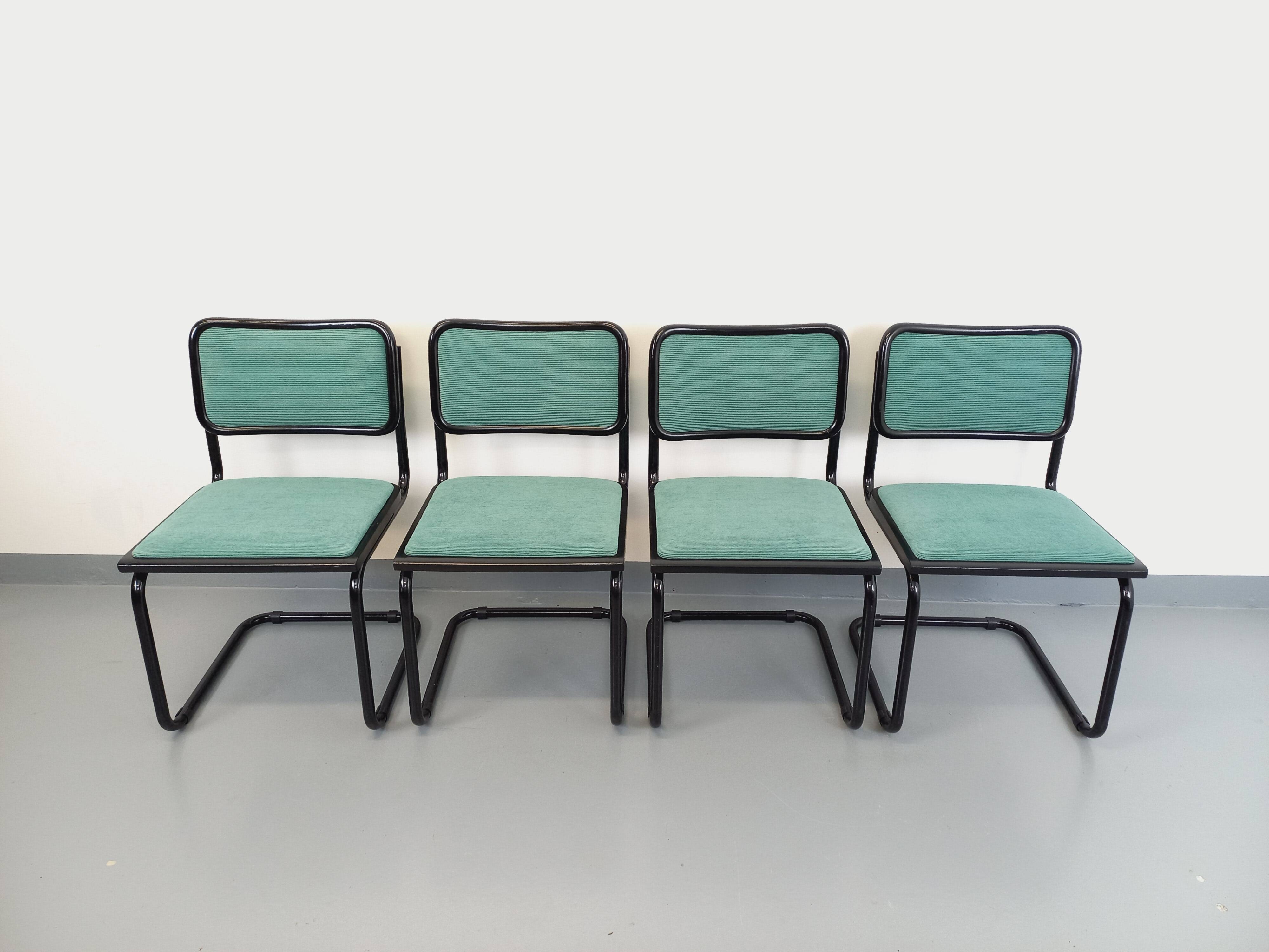 Set of 4 vintage Marcel Breuer Cesca B32 Bauhaus style chairs in black metal, black wood and v fabric