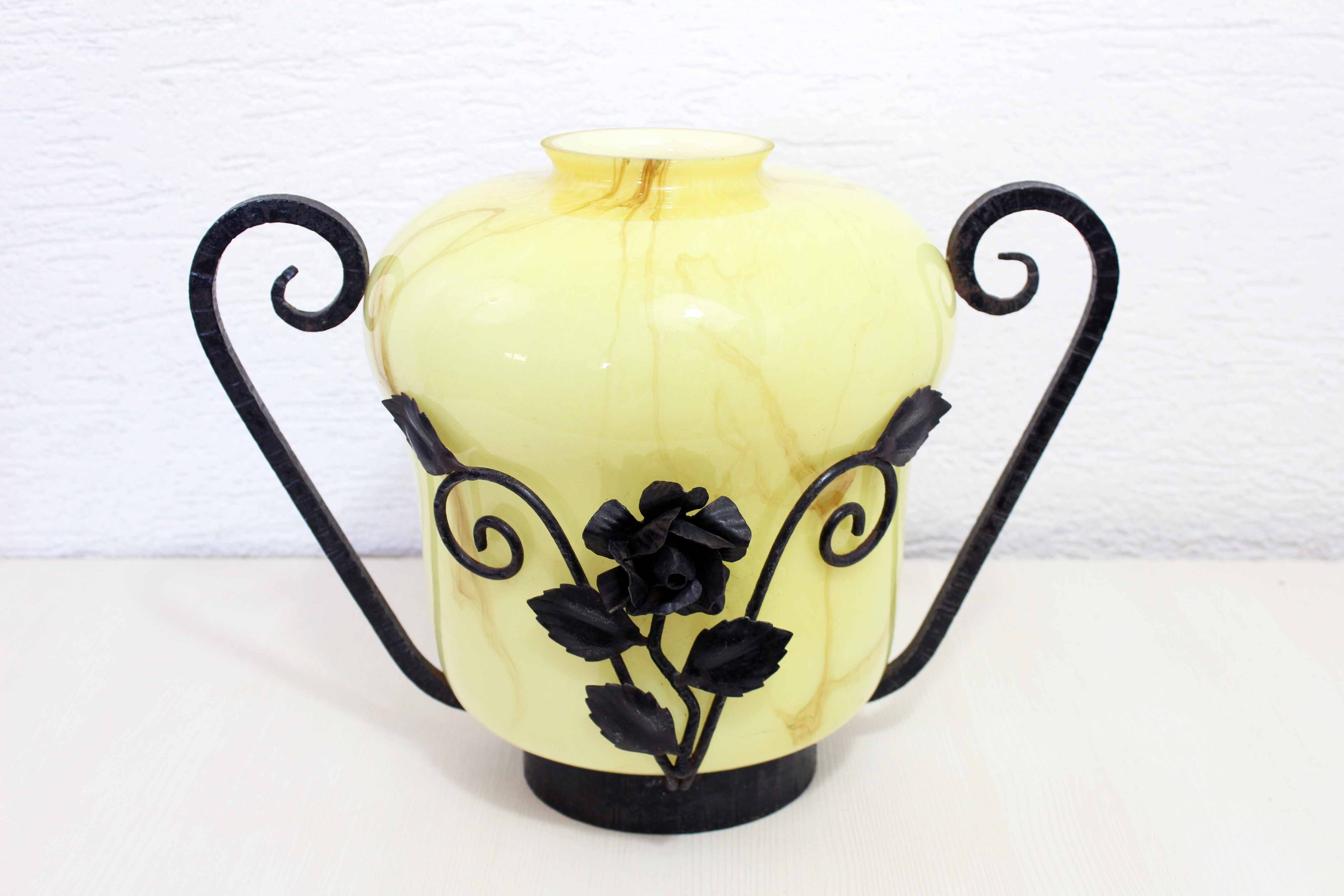 Art Deco transition glass and wrought iron vase