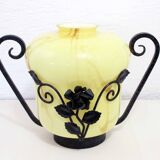 Vase en verre et fer forgé transition Art Deco