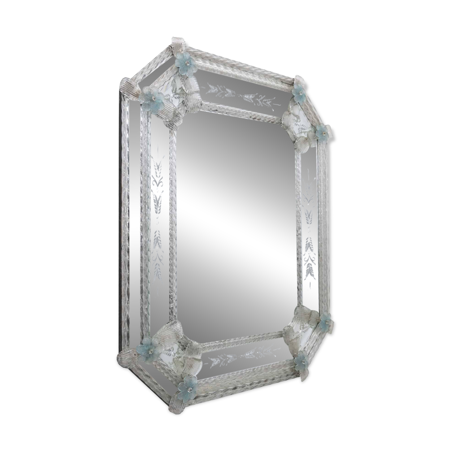 Miroir octogonal en verre de Murano vénitien du XXe siècle, décoré de fleurs