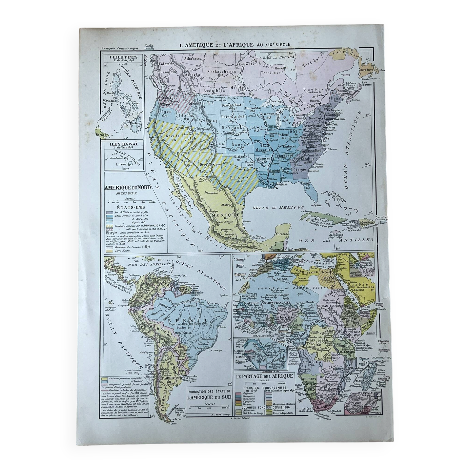 Map 1908 America and Africa 37.5x27.5cm