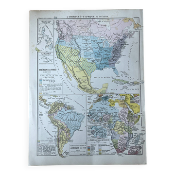 Carte 1908 L’Amérique et l’Afrique 37,5x27,5cm