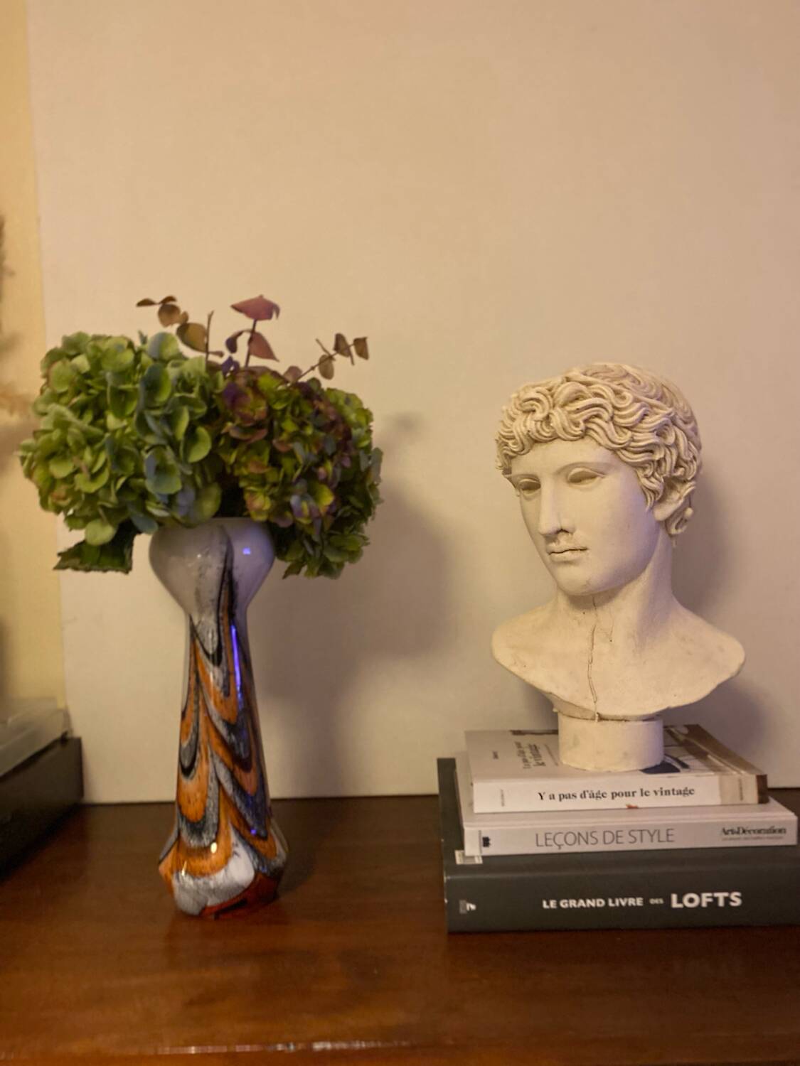 Vintage murano glass vase orange, white brown attributed to carlo moretti