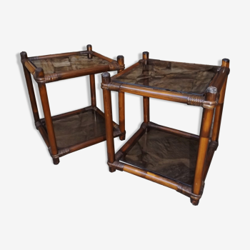 Pair of bedside tables with cubic structure bamboo tinted 1970