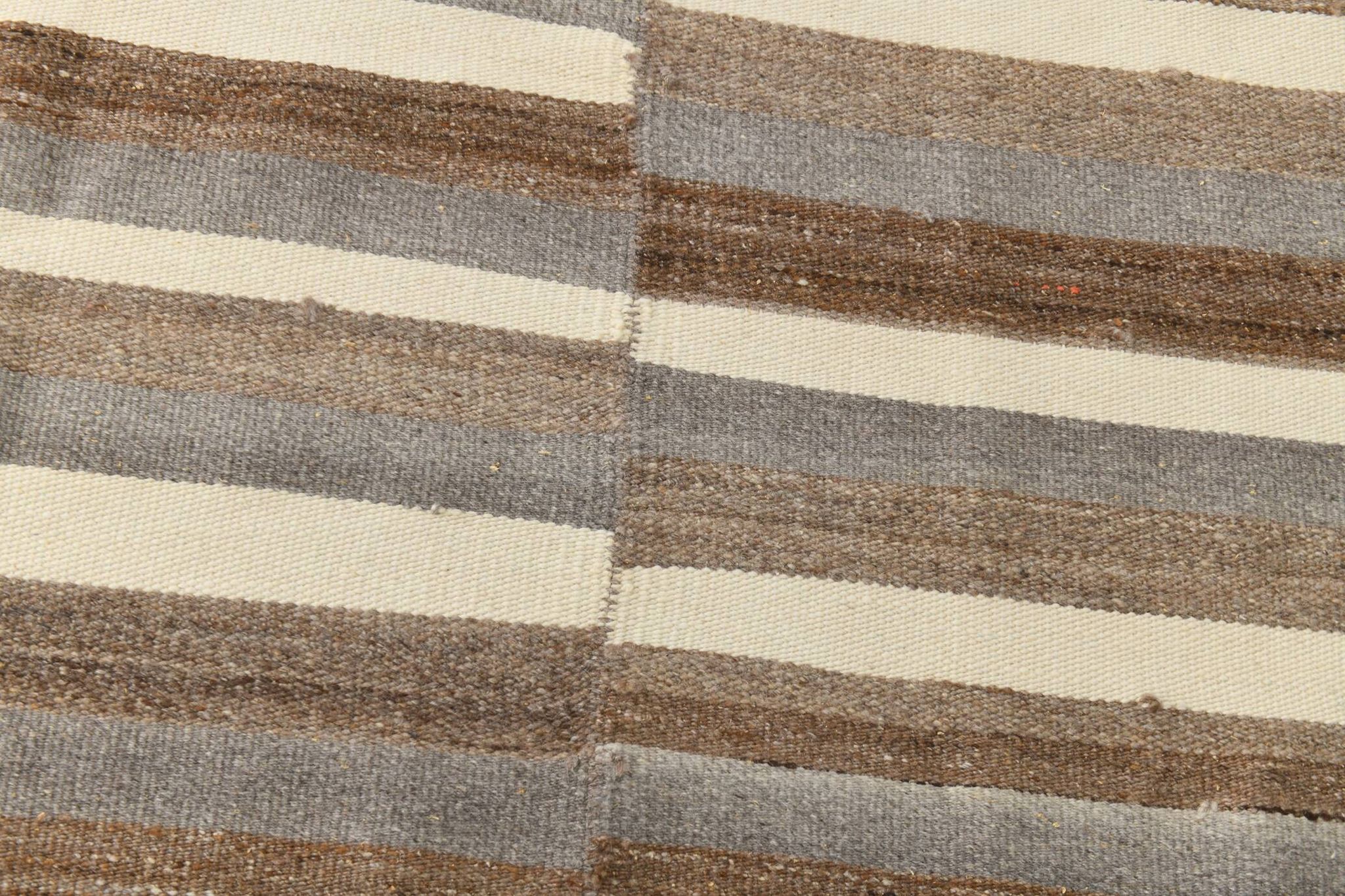 Contemporary Brown & Beige Striped Motifs Vintage Kilim Rug, 226x306Cm