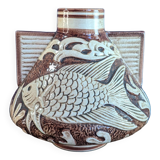 Vase poissons marron ancien années 1940 numéroté 63 18cm