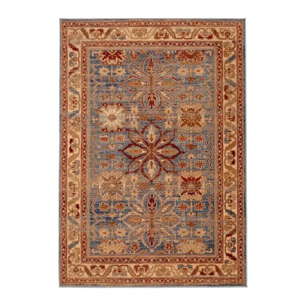 Oriental rug in beige, blue, and red wool.