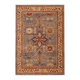 Oriental rug in beige, blue, and red wool.