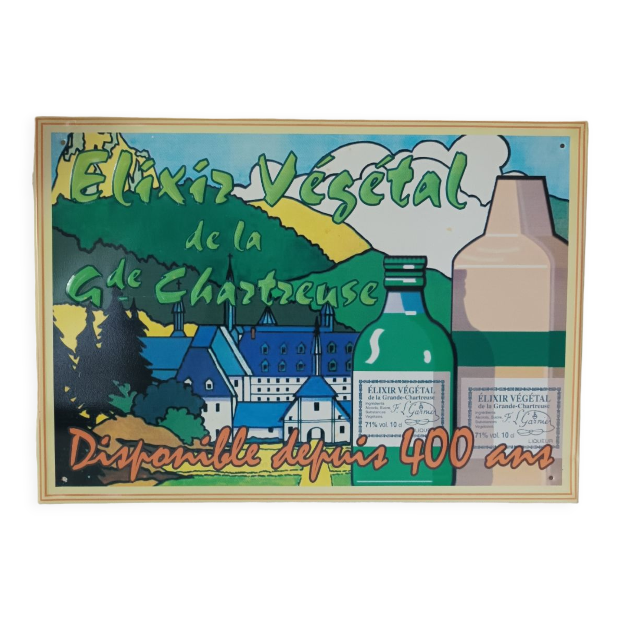 Chartreuse enamelled sheet metal advertising plate