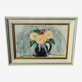 Ancient painting oil on canvas sign g. gheorgiu vase of flowers peony tbe