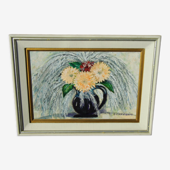 Tableau ancien huile sur toile signe g. gheorgiu vase de fleurs pivoine tbe