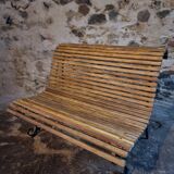 French garden bench in iron and wooden slats, mid-20th century.